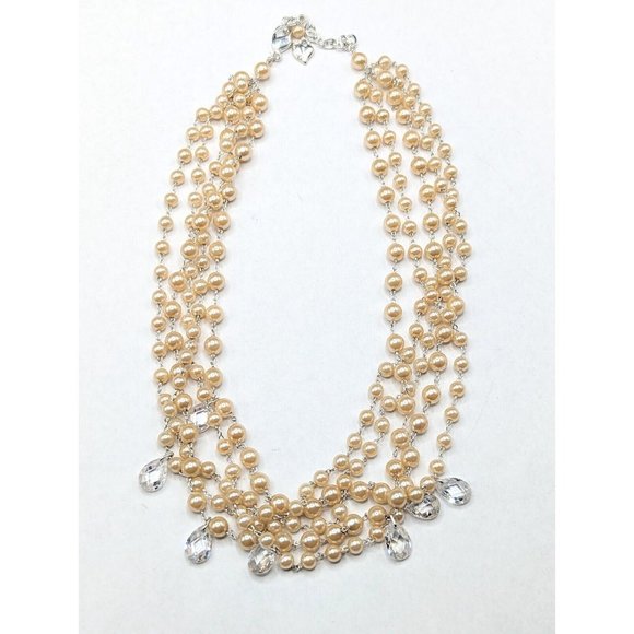 Carolee Faux Pearl Bead Multi Strand Layered Clear Faceted Teardrop Necklace - Picture 1 of 6